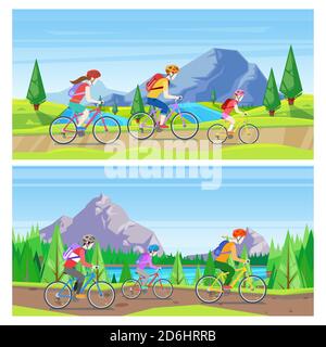 Family vacation, cycling and outdoors sports activity. Vector horizontal banner set. Mom, dad and daughter riding bicycles on mountain road. Stock Vector