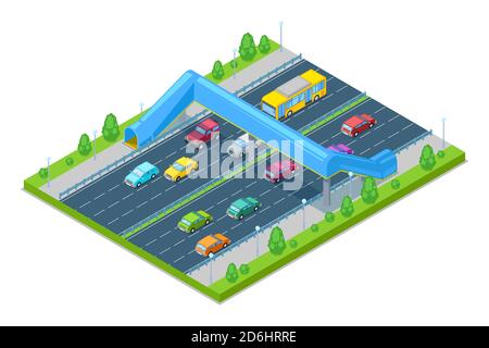 Highway and crosswalk bridge for people above the road. Vector isometric 3D illustration. Safety overpass, transport, modern road construction and jun Stock Vector