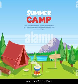 Summer camping vector cartoon illustration. Adventures, travel and eco tourism concept. Touristic camp tent on meadow. Nature landscape background. Stock Vector