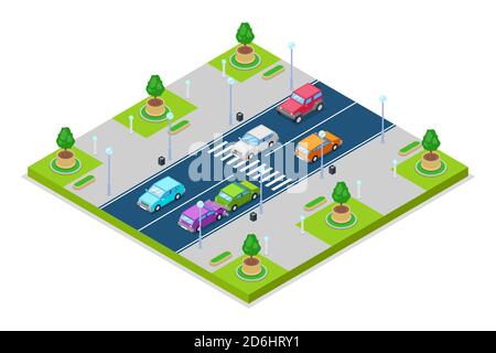Car accident and crash, vector isometric 3D illustration. Collision in front of crosswalk with traffic lights. Safety street traffic and road insuranc Stock Vector