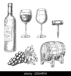 Wine sketch vector illustration. Bottle, glasses, grape vine, barrel, corkscrew, hand drawn isolated design elements Stock Vector