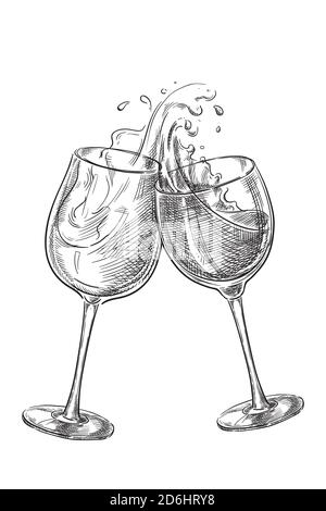 Two wine glasses with splash drinks, sketch vector illustration. Hand drawn label design elements. Stock Vector