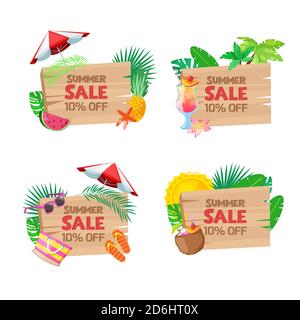 Set of wooden board sale banners. Stickers, badges, labels and tags design templates. Vector beach and summer tropical illustration. Stock Vector