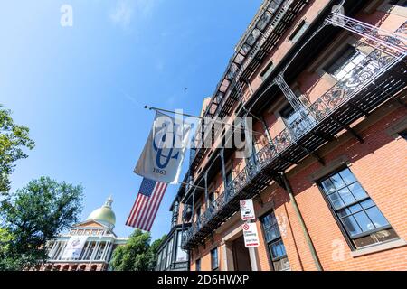 Union Club of Boston and Massachusetts State House from Park Street on Beacon Hill, Boston, Massachusetts, USA Stock Photo