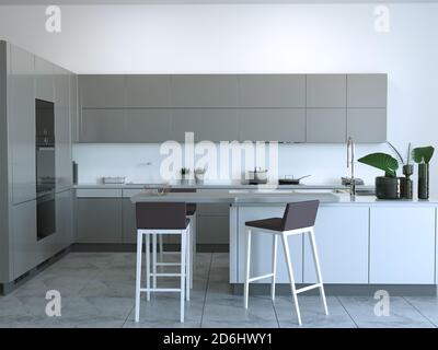 3d rendering of new grey hi-tech kitchen interior with marble tiles flooring. Stock Photo