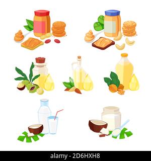 Nuts butter, essential oil and other foodstuff products. Vector cartoon style illustration, icons set and design elements. Stock Vector
