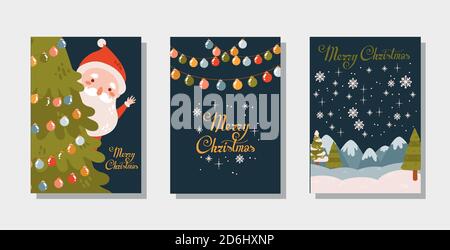 Set of vector Christmas postcards with Santa. Winter landscape Stock Vector