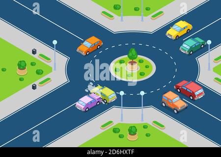 Car crash, vector isometric 3D illustration. Street accident at roundabout junction road. Safety street traffic and insurance concept. Stock Vector