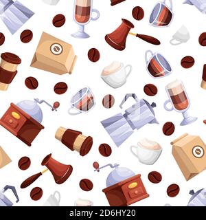 Coffee shop vector seamless white pattern. Cartoon flat illustration. Textile print background design elements. Stock Vector