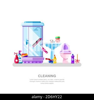 Bathroom and sanitary engineering cleaning. Vector isolated illustration of shower cabin, sink, toilet, cleaning tools and detergents Stock Vector