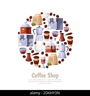 Coffee shop vector circle label isolated on white background. Cartoon flat illustration Design elements for cafe or bakery. Stock Vector