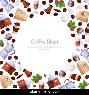 Coffee shop vector white frame background. Cartoon flat illustration. Design elements for cafe or bakery. Stock Vector