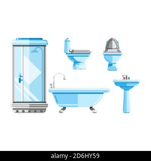 Sanitary engineering, vector icons set. Bathtub, toilet, shower cabin, sink illustration. Bathroom interior design elements Stock Vector