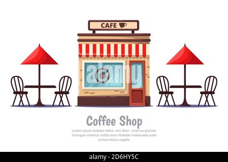 Street cafe bakery and tables with red umbrella, isolated on white background. Vector cartoon style icons or design elements. Stock Vector