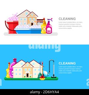 House cleaning service and housework banner design template. Cottage, household tools and supplies, vector illustration. Stock Vector