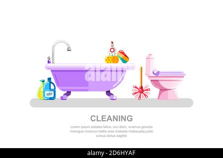 Bathroom and sanitary engineering cleaning. Vector isolated illustration of bath tub, toilet, cleaning tools and detergents. Housework concept. Stock Vector
