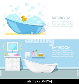 Bathroom modern interior, vector banner template. Bathtub, furniture, hygiene goods and other design elements. Stock Vector