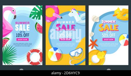 Summer sale vertical banner or poster set. Vector illustration of pool with float rubber toys. Colorful holiday background. Stock Vector