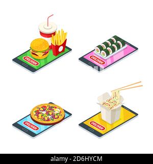 Food delivery and online order, vector 3d isometric icons set. Pizza, hamburger, sushi and noodles on phone screen. Mobile app concept. Stock Vector