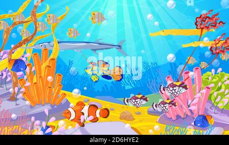 Underwater marine life, vector cartoon illustration. Ocean or sea bottom with colorful fishes, coral reefs and seaweeds. Diving or aquarium background Stock Vector