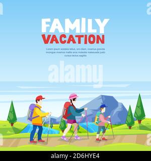 Family vacation, hiking and outdoors sports activity. Mom, dad and son walking on mountain road. Vector cartoon style illustration. Stock Vector