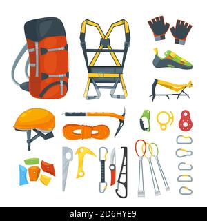 Climbing equipment, vector icons and design elements set. Mountaineering extreme sport gears and accessories, cartoon style illustration. Stock Vector
