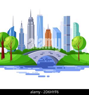 New York central park and urban skyscraper buildings. Vector cityscape illustration. Stock Vector