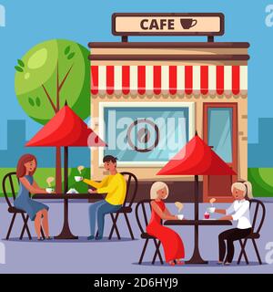 People in street cafe vector cartoon illustration. Couple sitting at the table and drinking coffee. Friends having breakfast. City lifestyle concept. Stock Vector