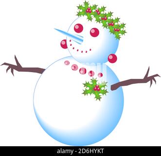 Snow girl happy and cute snowman with berries, leaves and mistletoe wreath Stock Vector