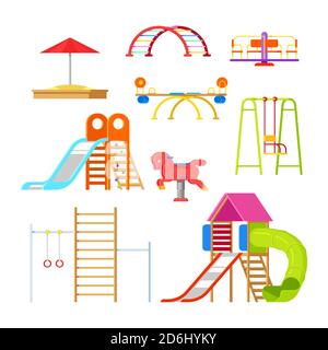 Kids playground and kindergarten, isolated icons and design elements. Swing, slide, sandbox and other outdoor play equipment. Vector cartoon illustrat Stock Vector