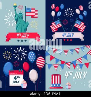 Set of USA holiday vector backgrounds, icons and stickers. 4 of July USA Independence Day greeting card or banner template. Stock Vector