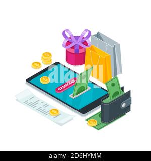Cashback money, online service concept. Vector isometric 3d illustration. Icons for cash back, commerce or transfer payments mobile apps. Stock Vector