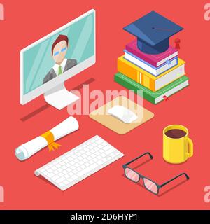 Online education concept. Vector 3d isometric icons of internet learning, training and study. Stock Vector
