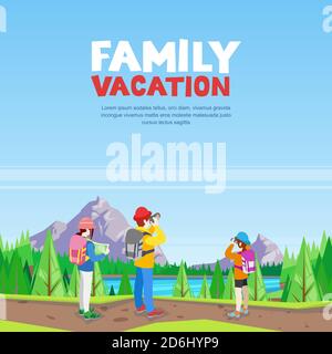Family vacation, hiking and outdoors sports activity. Vector cartoon style illustration. Mom, dad and daughter walking on mountain road and making pho Stock Vector