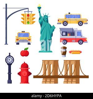 New York city symbols set. Vector travel isolated illustration. Yellow taxi, Statue of Liberty, Brooklyn Bridge, street fast food truck icons. Stock Vector