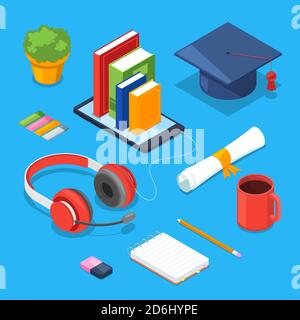 Online education concept. Vector 3d isometric icons of smartphone, books, headphones. Audio learning, training and study Stock Vector