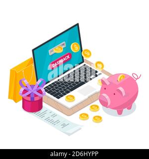 Cashback concept. Vector isometric 3d illustration. Money icons for cash back, commerce or transfer payments online service. Stock Vector