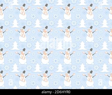 Seamless pattern with happy snowman colored in white and light blue with a bucket, mittens, scarf, carrots Stock Vector