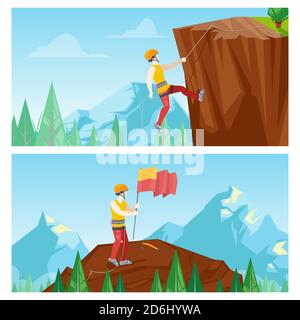 Climber vector illustration. Man climbing to rock. Mountaineer with flag on top of mountain. Extreme sport and summer outdoor activities. Stock Vector