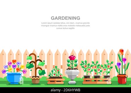 Country house gardening vector illustration. Pots with seeding vegetables, strawberry and flowers near wooden fence. Summer landscape. Stock Vector