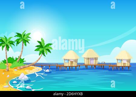 Tropical island landscape, vector illustration. Palms, beach and bungalows in the ocean. Summer travel cartoon background. Stock Vector