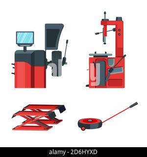 Cars tire balancing and fitting equipment. Automobile jacks isolated vector illustration. Diagnostic and replacement wheels service. Stock Vector