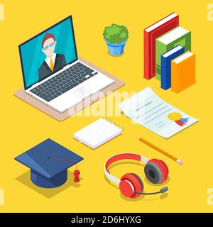 Online education and study concept. Vector 3d isometric icons of internet learning and training. Stock Vector