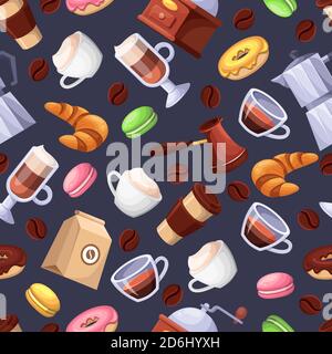 Coffee shop and sweet desserts, vector seamless black pattern. Cartoon flat illustration. Textile print background design elements. Stock Vector