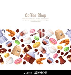 Coffee shop and sweet desserts, vector horizontal seamless white background. Cartoon flat illustration. Design elements for cafe or bakery. Stock Vector