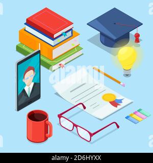 Online education and study. Vector 3d isometric icons of smartphone, books and diploma. Web learning and training concept. Stock Vector