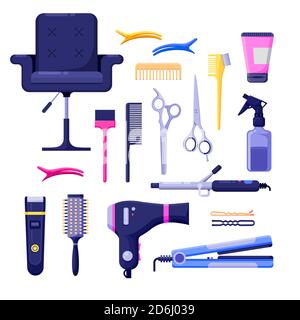 Beauty salon colorful icons and vector design elements. Hair hairdresser tools and equipment isolated on white background. Stock Vector
