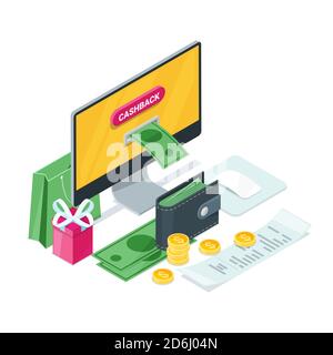 Cashback concept. Vector isometric 3d illustration. Money icons for cash back, commerce or transfer payments online service. Stock Vector