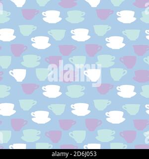 Vector pastel teacups seamless pattern, random mugs silhouettes, blue, white, purple, green. Stock Vector