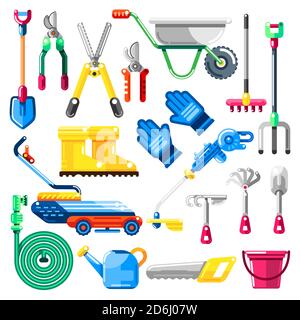 Gardening and farming tools and equipment, vector icons and design elements set. Agriculture illustrations. Stock Vector